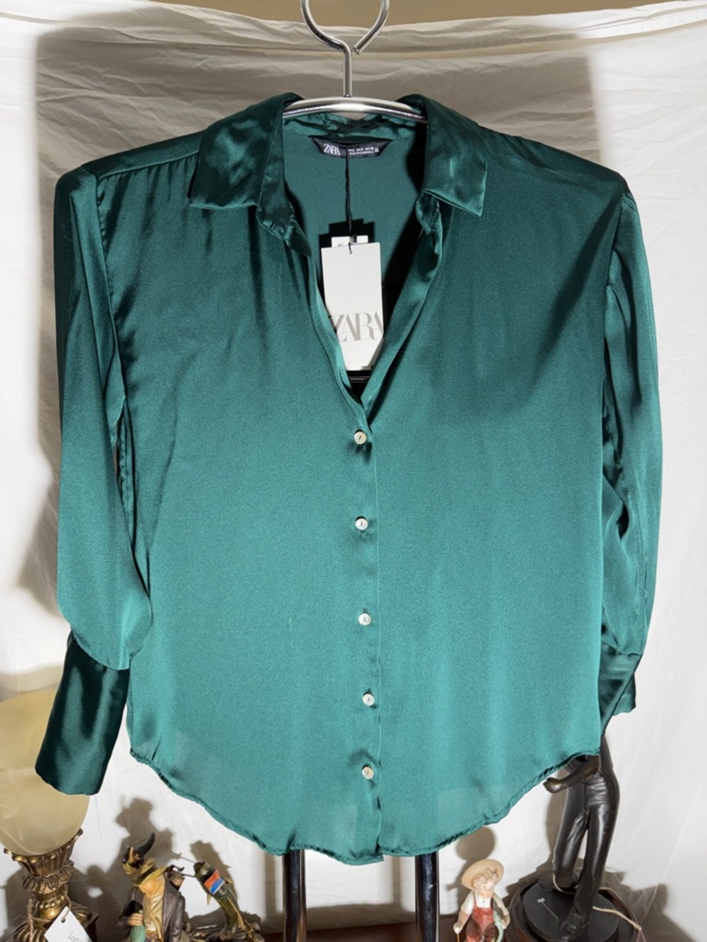 ZARA Deep Teal Satin Button-Down Shirt